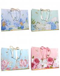 Горизонтальные бумажные подарочные пакеты из плотной матовой бумаги с рисунком и лентами, серия "Букет", размер 43*32*14 см.