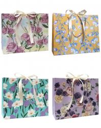 Горизонтальные бумажные подарочные пакеты из плотной матовой бумаги с рисунком и лентами, серия "Весенние цветы", размер 24,5*19,5*9,5 см.