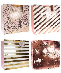 Квадратные бумажные подарочные пакеты из плотной матовой бумаги с рисунком и металлизированным тиснением, серия "Цветы и полосы", размер 37*37*18 см.